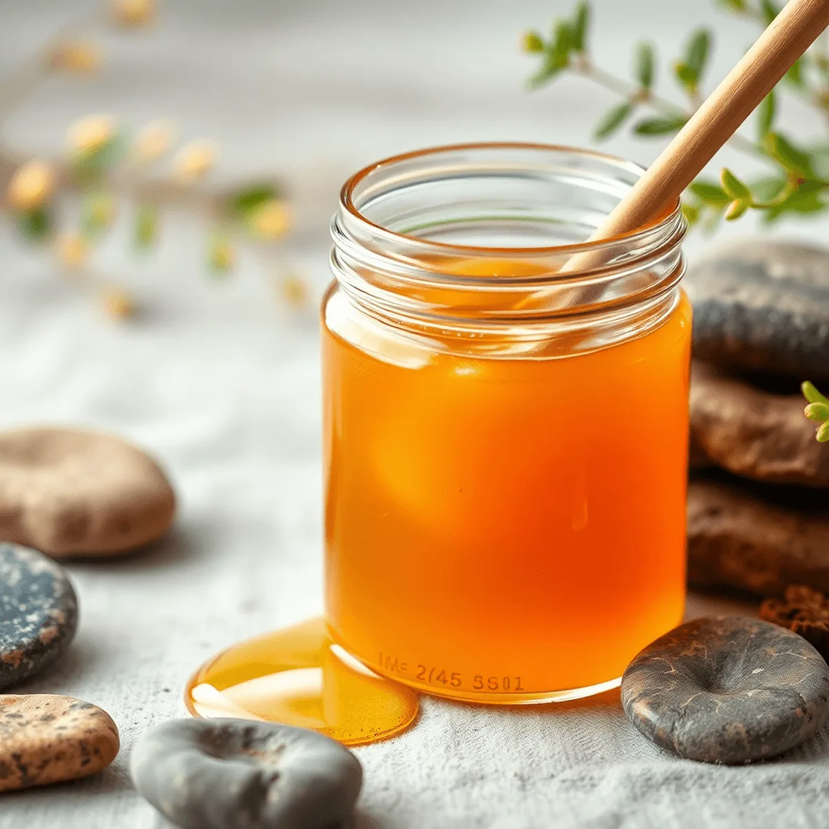 A close-up of a jar of golden honey with a wooden dipper, surrounded by stones and plants, set against a soft, inviting background that conveys wellness and vitality.